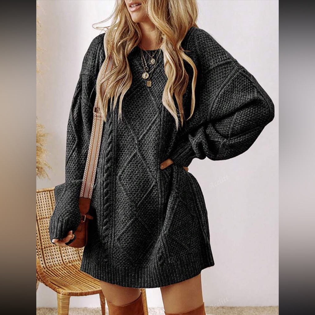 Luxe Textured Oversized Long Sleeve Dropped Shoulder Knit Sweater Dress Black